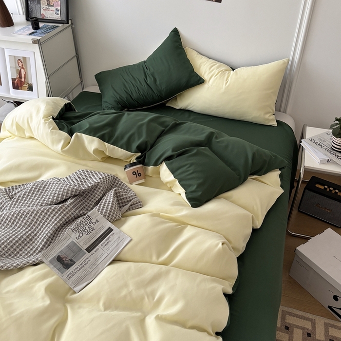 91家纺网 家纺一手货源 找家纺 百花王 2025新款亲肤舒适简约纯色水洗棉四件套 豆绿牛乳