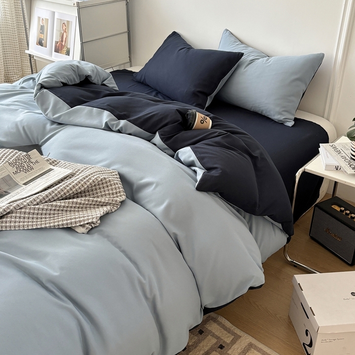 百花王 2025新款亲肤舒适简约纯色水洗棉四件套 洛克浅蓝