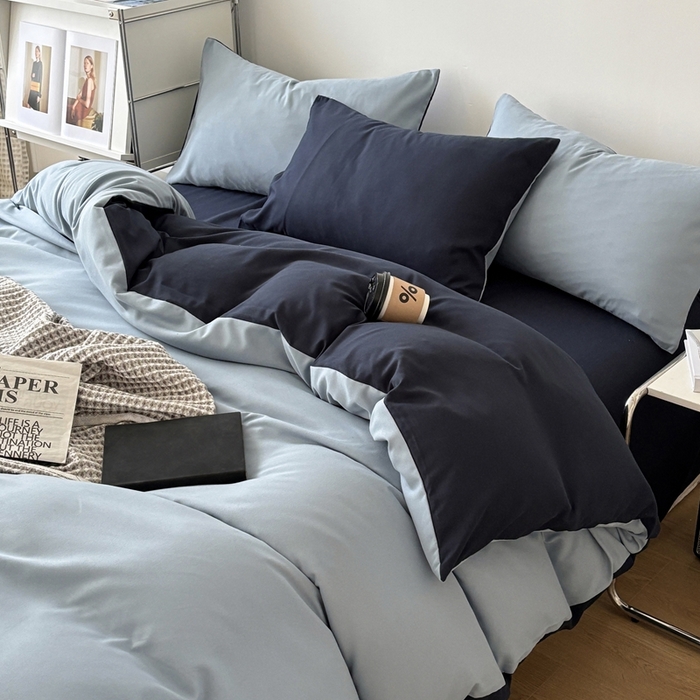 91家纺网 家纺一手货源 找家纺 百花王 2025新款亲肤舒适简约纯色水洗棉四件套 洛克浅蓝