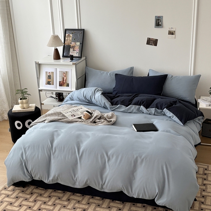 91家纺网 家纺一手货源 找家纺 百花王 2025新款亲肤舒适简约纯色水洗棉四件套 洛克浅蓝