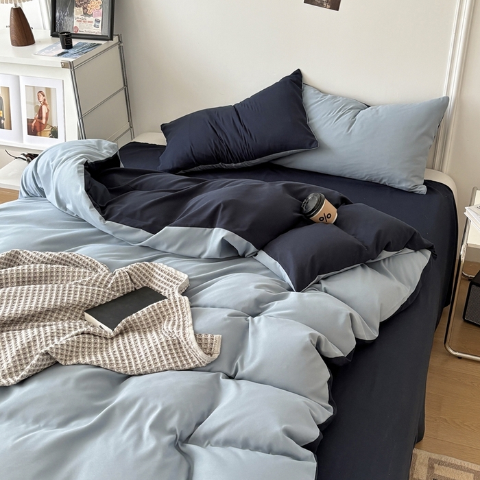 91家纺网 家纺一手货源 找家纺 百花王 2025新款亲肤舒适简约纯色水洗棉四件套 洛克浅蓝