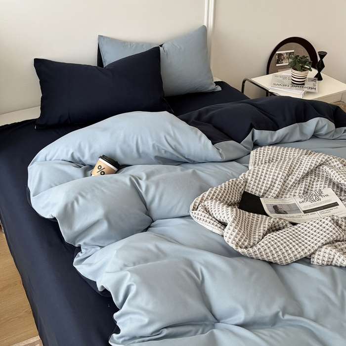 91家纺网 家纺一手货源 找家纺 百花王 2025新款亲肤舒适简约纯色水洗棉四件套 洛克浅蓝