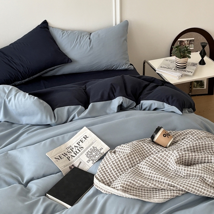 91家纺网 家纺一手货源 找家纺 百花王 2025新款亲肤舒适简约纯色水洗棉四件套 洛克浅蓝