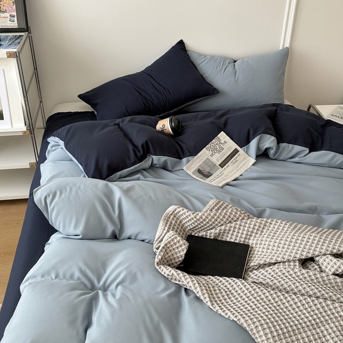 91家纺网 家纺一手货源 找家纺 百花王 2025新款亲肤舒适简约纯色水洗棉四件套 洛克浅蓝