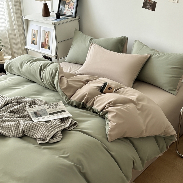百花王 2025新款亲肤舒适简约纯色水洗棉四件套 抹茶卡其