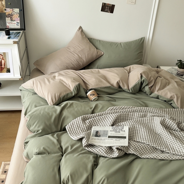 91家纺网 家纺一手货源 找家纺 百花王 2025新款亲肤舒适简约纯色水洗棉四件套 抹茶卡其