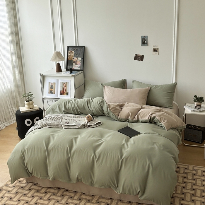 91家纺网 家纺一手货源 找家纺 百花王 2025新款亲肤舒适简约纯色水洗棉四件套 抹茶卡其