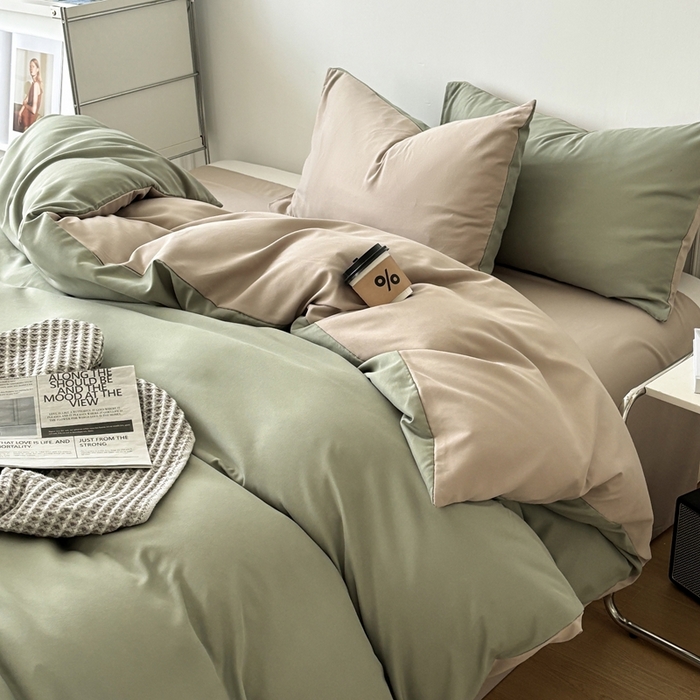 91家纺网 家纺一手货源 找家纺 百花王 2025新款亲肤舒适简约纯色水洗棉四件套 抹茶卡其