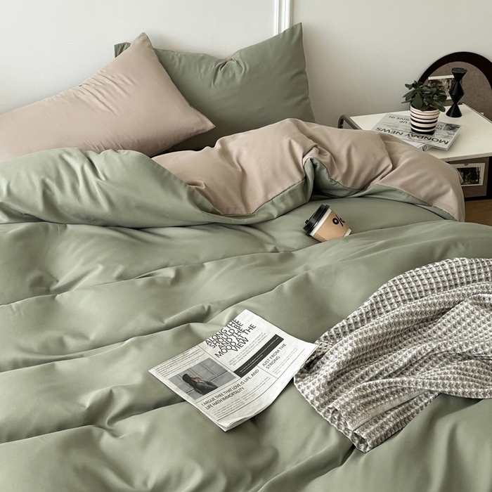 91家纺网 家纺一手货源 找家纺 百花王 2025新款亲肤舒适简约纯色水洗棉四件套 抹茶卡其