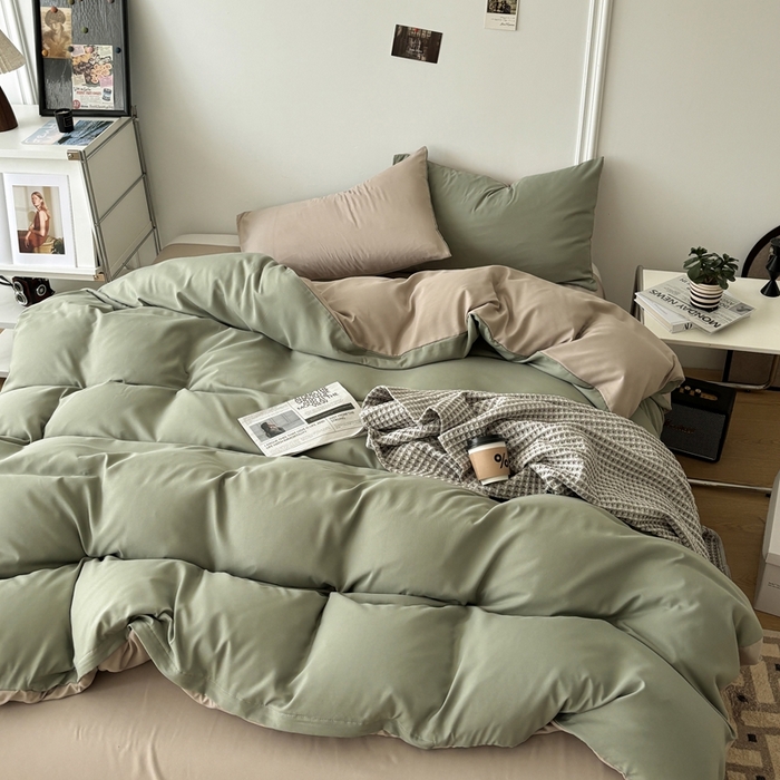 91家纺网 家纺一手货源 找家纺 百花王 2025新款亲肤舒适简约纯色水洗棉四件套 抹茶卡其