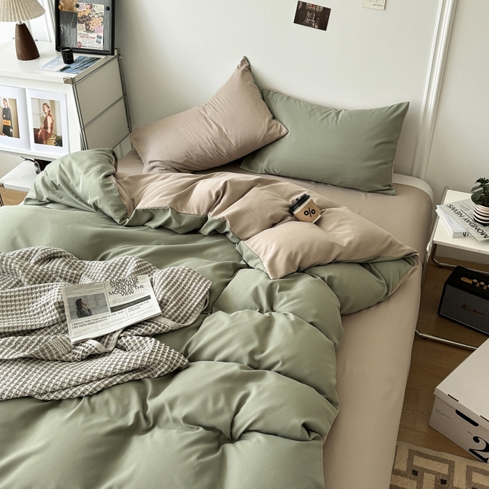 91家纺网 家纺一手货源 找家纺 百花王 2025新款亲肤舒适简约纯色水洗棉四件套 抹茶卡其