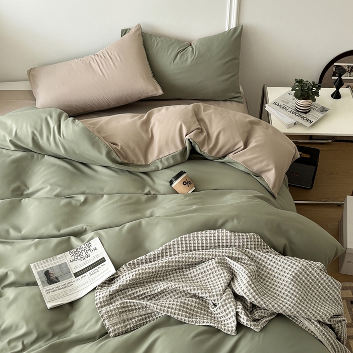 91家纺网 家纺一手货源 找家纺 百花王 2025新款亲肤舒适简约纯色水洗棉四件套 抹茶卡其