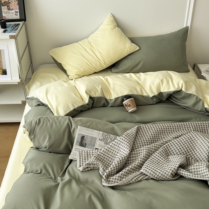 91家纺网 家纺一手货源 找家纺 百花王 2025新款亲肤舒适简约纯色水洗棉四件套 抹茶奶油