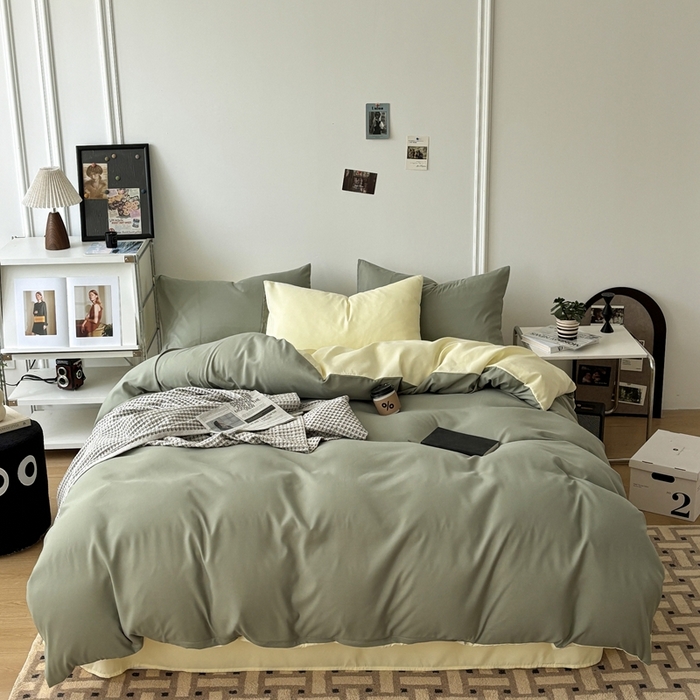 91家纺网 家纺一手货源 找家纺 百花王 2025新款亲肤舒适简约纯色水洗棉四件套 抹茶奶油