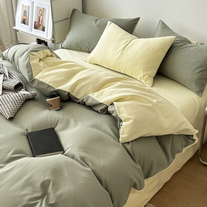 91家纺网 家纺一手货源 找家纺 百花王 2025新款亲肤舒适简约纯色水洗棉四件套 抹茶奶油