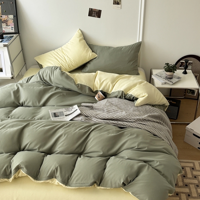 91家纺网 家纺一手货源 找家纺 百花王 2025新款亲肤舒适简约纯色水洗棉四件套 抹茶奶油