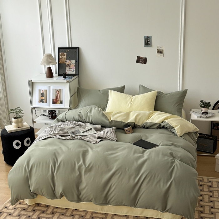 91家纺网 家纺一手货源 找家纺 百花王 2025新款亲肤舒适简约纯色水洗棉四件套 抹茶奶油