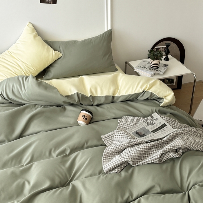 91家纺网 家纺一手货源 找家纺 百花王 2025新款亲肤舒适简约纯色水洗棉四件套 抹茶奶油