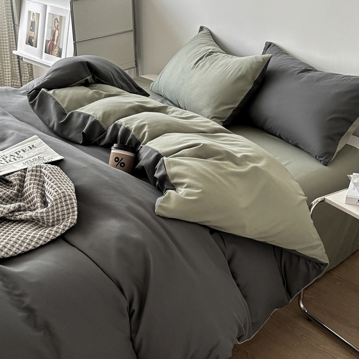 百花王 2025新款亲肤舒适简约纯色水洗棉四件套 抹茶深灰