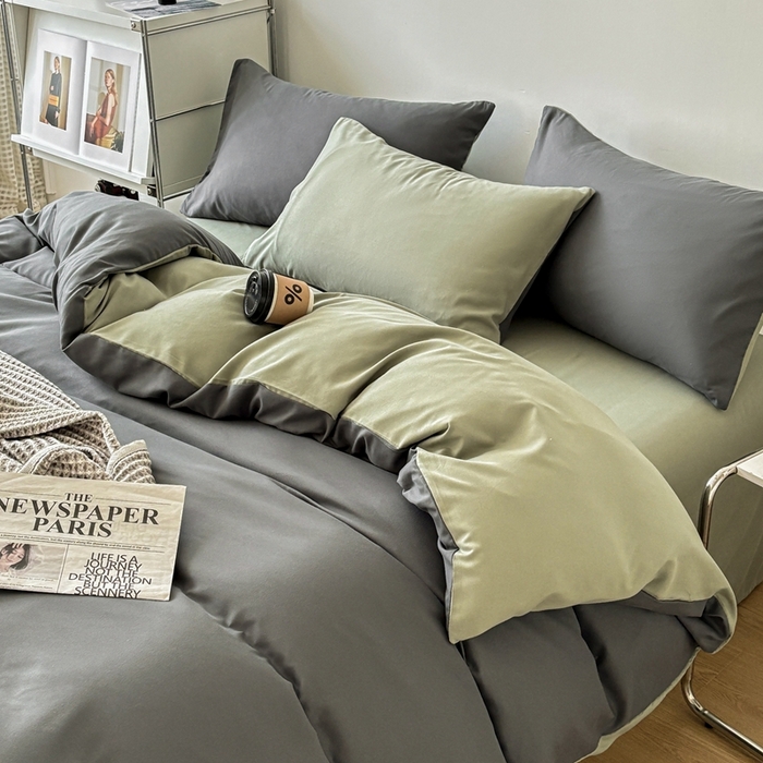 91家纺网 家纺一手货源 找家纺 百花王 2025新款亲肤舒适简约纯色水洗棉四件套 抹茶深灰
