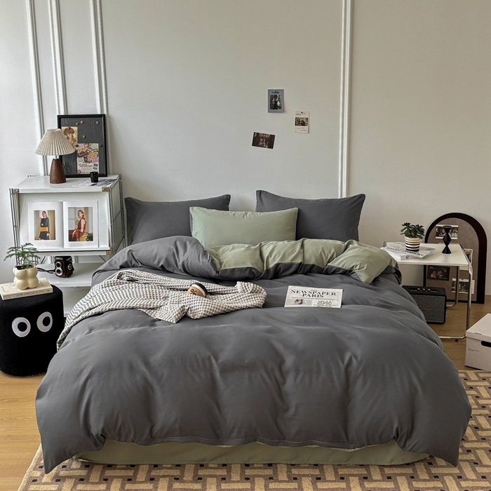 91家纺网 家纺一手货源 找家纺 百花王 2025新款亲肤舒适简约纯色水洗棉四件套 抹茶深灰