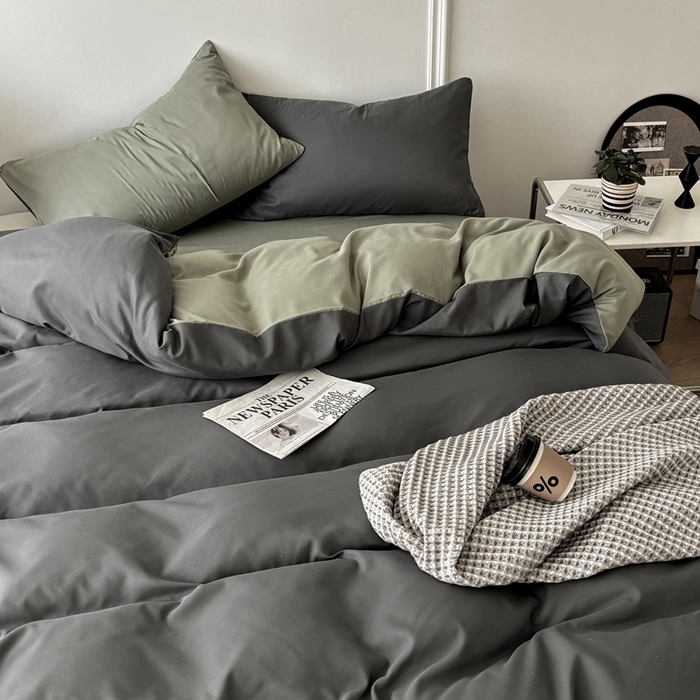 91家纺网 家纺一手货源 找家纺 百花王 2025新款亲肤舒适简约纯色水洗棉四件套 抹茶深灰