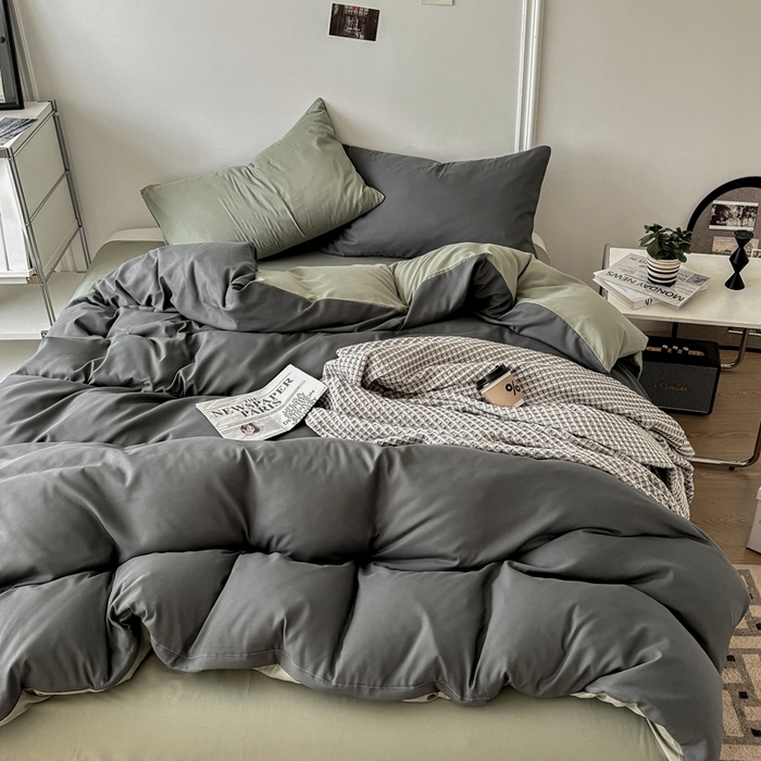 91家纺网 家纺一手货源 找家纺 百花王 2025新款亲肤舒适简约纯色水洗棉四件套 抹茶深灰