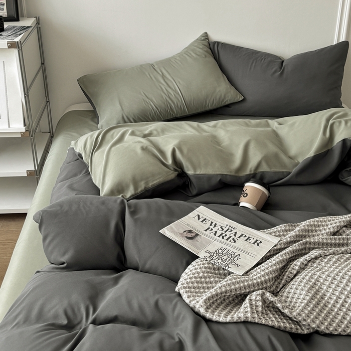 91家纺网 家纺一手货源 找家纺 百花王 2025新款亲肤舒适简约纯色水洗棉四件套 抹茶深灰