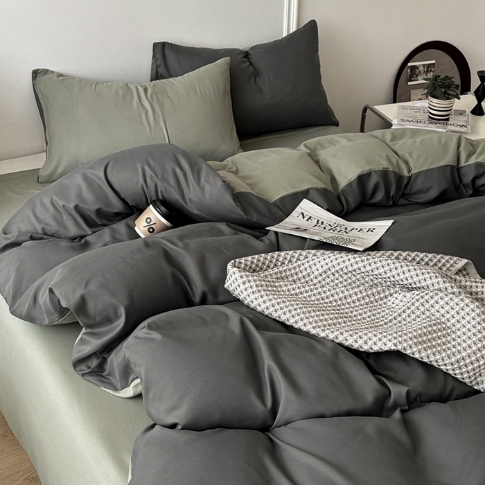 91家纺网 家纺一手货源 找家纺 百花王 2025新款亲肤舒适简约纯色水洗棉四件套 抹茶深灰