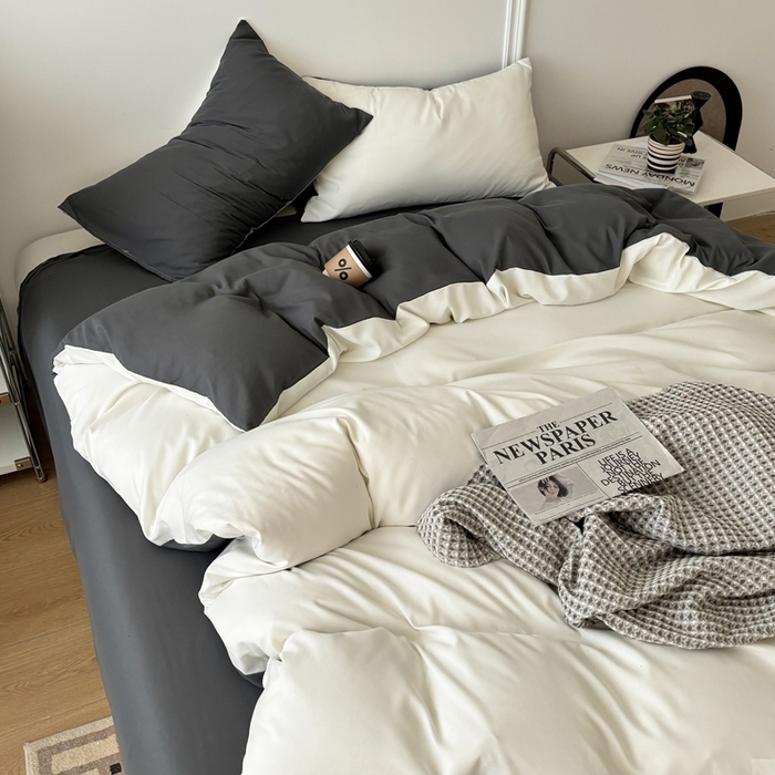 91家纺网 家纺一手货源 找家纺 百花王 2025新款亲肤舒适简约纯色水洗棉四件套 奶白灰