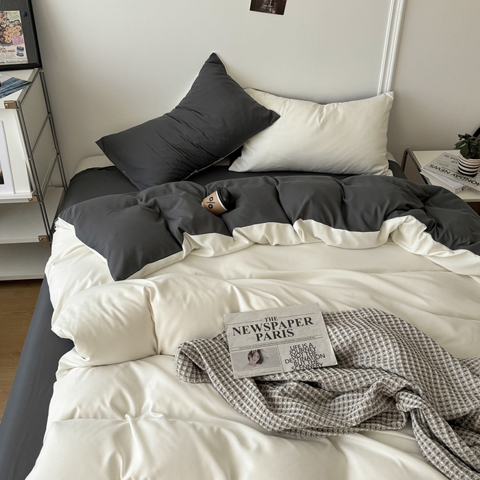 91家纺网 家纺一手货源 找家纺 百花王 2025新款亲肤舒适简约纯色水洗棉四件套 奶白灰