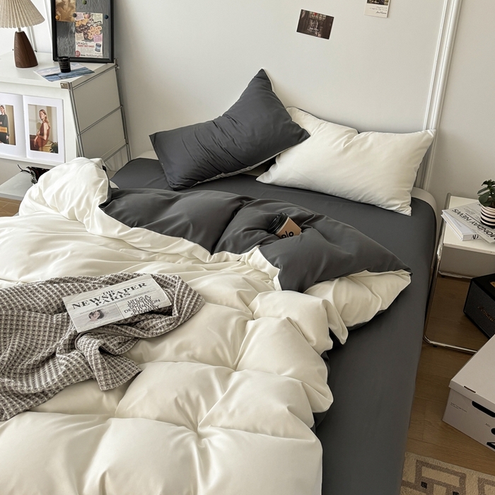 91家纺网 家纺一手货源 找家纺 百花王 2025新款亲肤舒适简约纯色水洗棉四件套 奶白灰