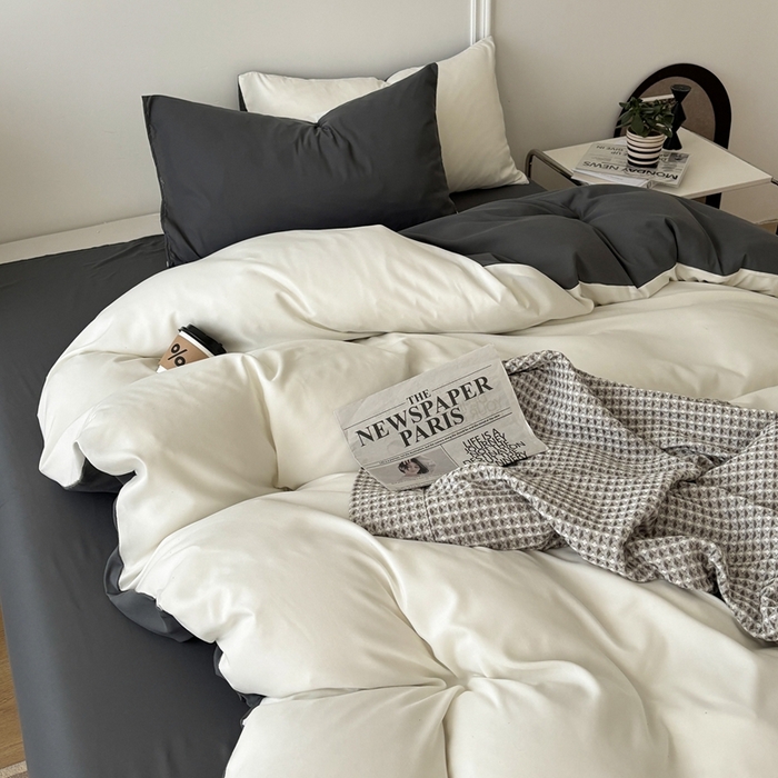 91家纺网 家纺一手货源 找家纺 百花王 2025新款亲肤舒适简约纯色水洗棉四件套 奶白灰