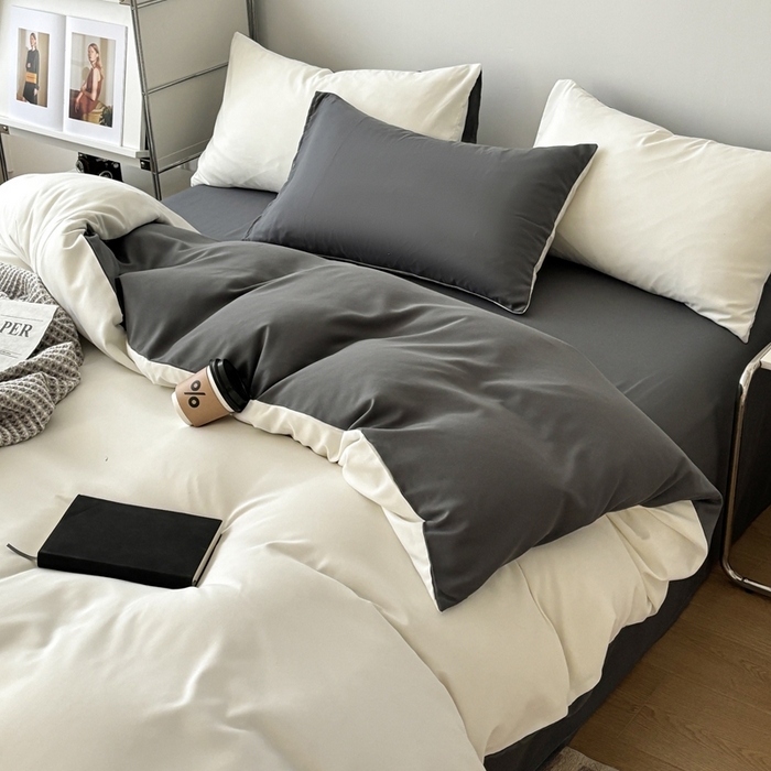 91家纺网 家纺一手货源 找家纺 百花王 2025新款亲肤舒适简约纯色水洗棉四件套 奶白灰