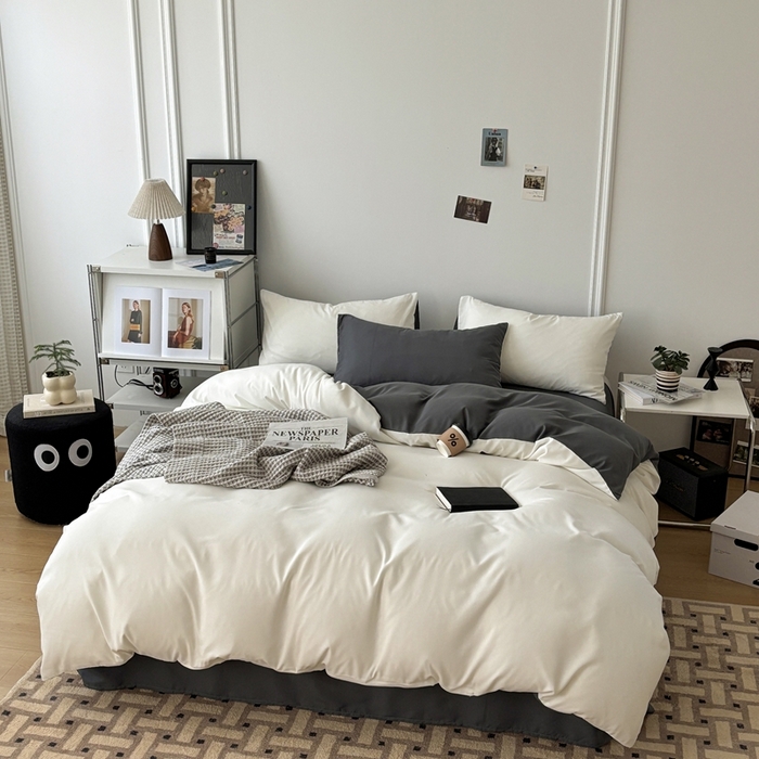 91家纺网 家纺一手货源 找家纺 百花王 2025新款亲肤舒适简约纯色水洗棉四件套 奶白灰