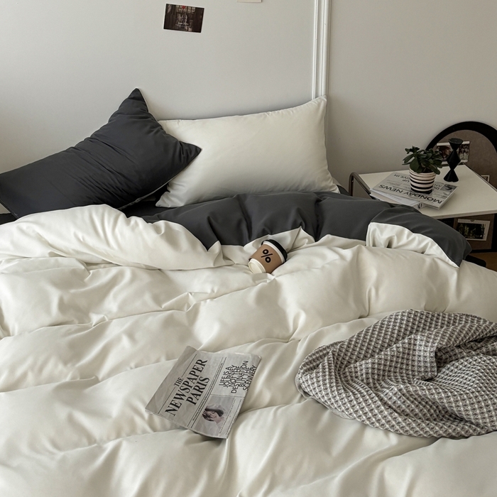 91家纺网 家纺一手货源 找家纺 百花王 2025新款亲肤舒适简约纯色水洗棉四件套 奶白灰