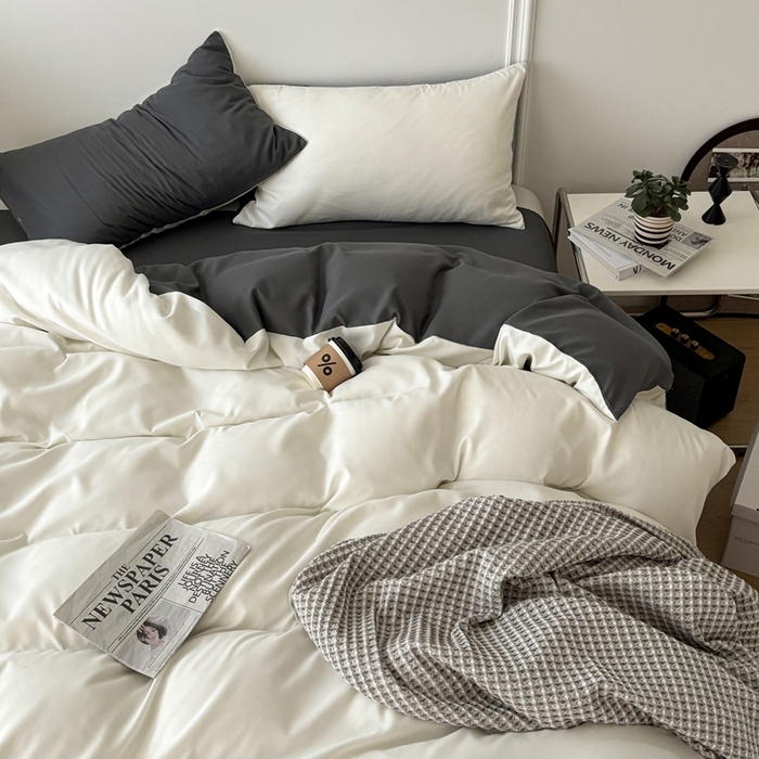 91家纺网 家纺一手货源 找家纺 百花王 2025新款亲肤舒适简约纯色水洗棉四件套 奶白灰