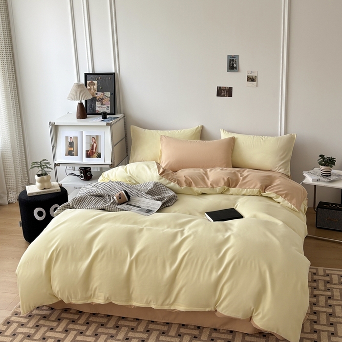 91家纺网 家纺一手货源 找家纺 百花王 2025新款亲肤舒适简约纯色水洗棉四件套 奶茶芝士