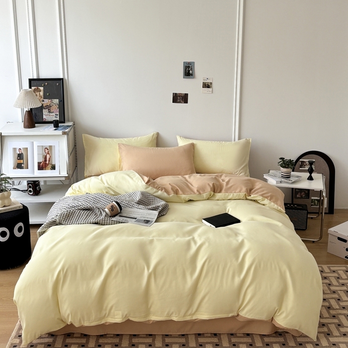 91家纺网 家纺一手货源 找家纺 百花王 2025新款亲肤舒适简约纯色水洗棉四件套 奶茶芝士