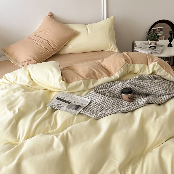 91家纺网 家纺一手货源 找家纺 百花王 2025新款亲肤舒适简约纯色水洗棉四件套 奶茶芝士