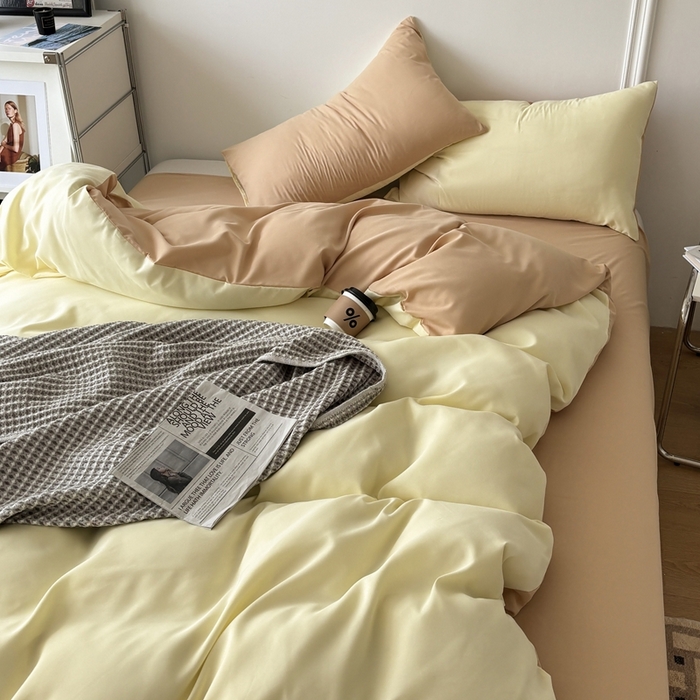 91家纺网 家纺一手货源 找家纺 百花王 2025新款亲肤舒适简约纯色水洗棉四件套 奶茶芝士