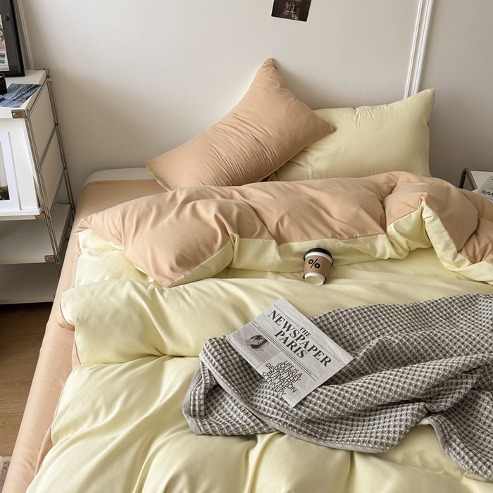 91家纺网 家纺一手货源 找家纺 百花王 2025新款亲肤舒适简约纯色水洗棉四件套 奶茶芝士