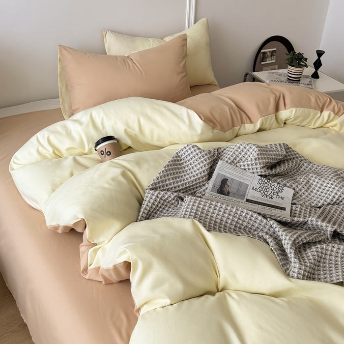 91家纺网 家纺一手货源 找家纺 百花王 2025新款亲肤舒适简约纯色水洗棉四件套 奶茶芝士