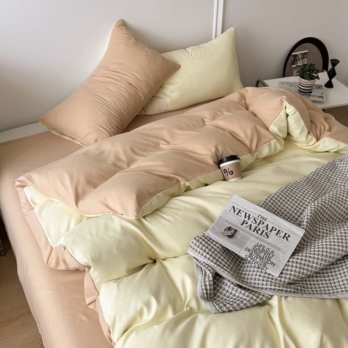 91家纺网 家纺一手货源 找家纺 百花王 2025新款亲肤舒适简约纯色水洗棉四件套 奶茶芝士