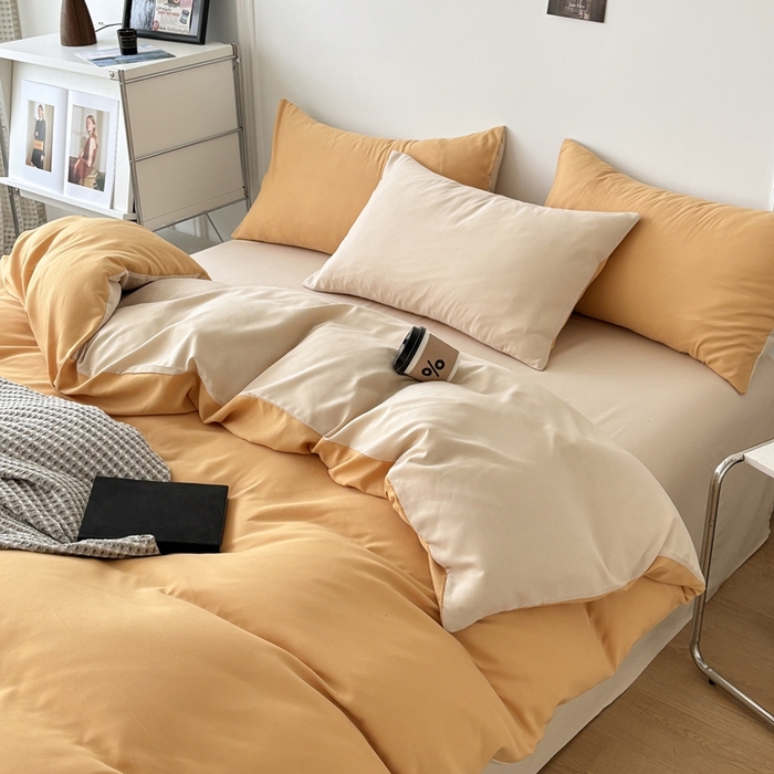 91家纺网 家纺一手货源 找家纺 百花王 2025新款亲肤舒适简约纯色水洗棉四件套 炭烤起司