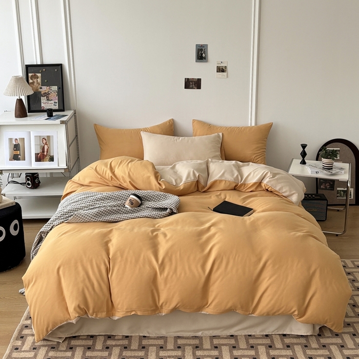 91家纺网 家纺一手货源 找家纺 百花王 2025新款亲肤舒适简约纯色水洗棉四件套 炭烤起司