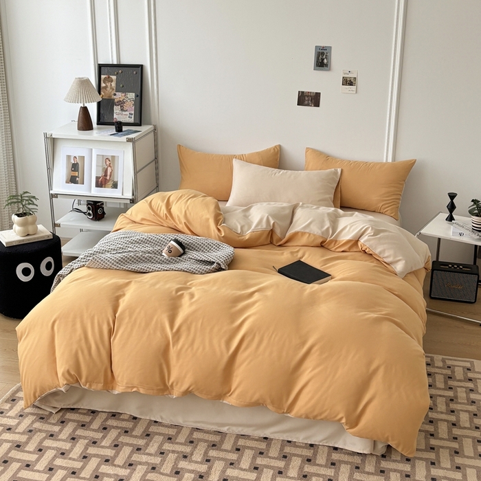 91家纺网 家纺一手货源 找家纺 百花王 2025新款亲肤舒适简约纯色水洗棉四件套 炭烤起司