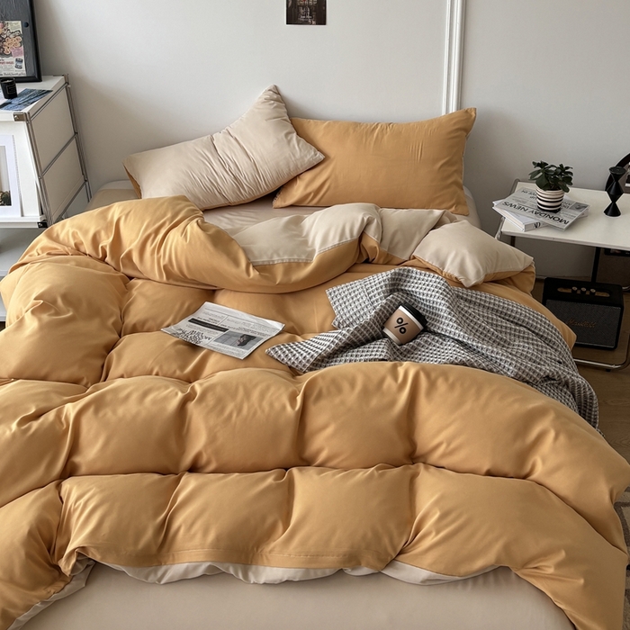 91家纺网 家纺一手货源 找家纺 百花王 2025新款亲肤舒适简约纯色水洗棉四件套 炭烤起司