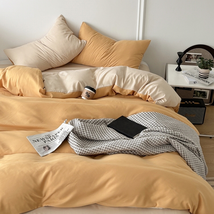 91家纺网 家纺一手货源 找家纺 百花王 2025新款亲肤舒适简约纯色水洗棉四件套 炭烤起司