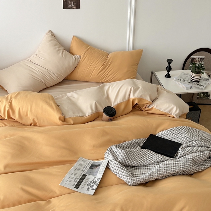 91家纺网 家纺一手货源 找家纺 百花王 2025新款亲肤舒适简约纯色水洗棉四件套 炭烤起司